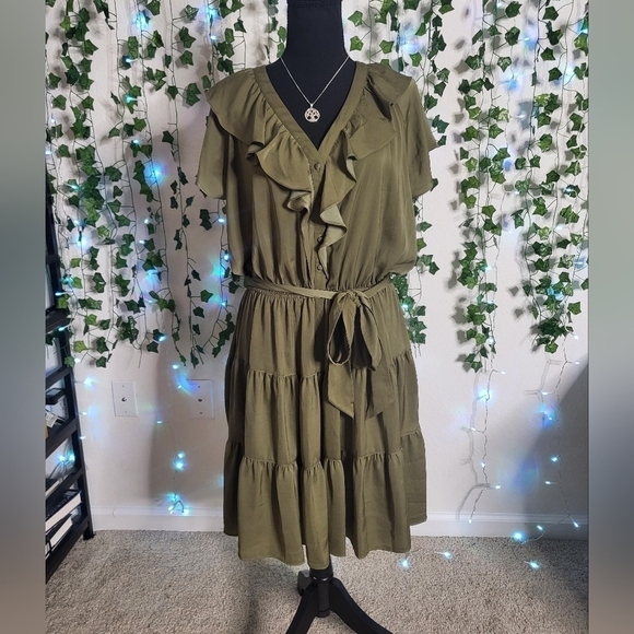 💚HP💚NWT Lauren Ralph Lauren Satin Belted Mini Dress Tiered Ruffle Hem Olive - Picture 5 of 11